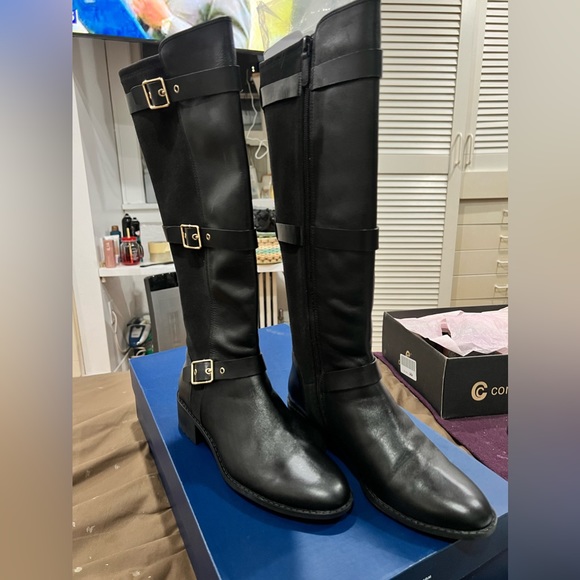Cole Haan Salem Black Leather Triple Buckle Knee High Riding Boots - Picture 7 of 8